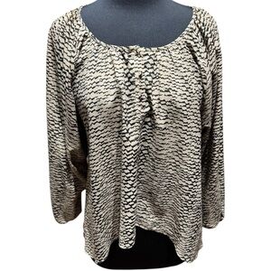 KENAR Beige & Black Abstract Print Blouse | Size M | High-Low Hem | Elastic Cuff